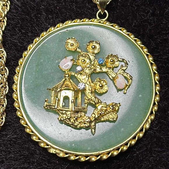 Jewelry - Vintage Genuine Large Jadeite Jade Pendant With Gold Frame & 3D Opals and Gems